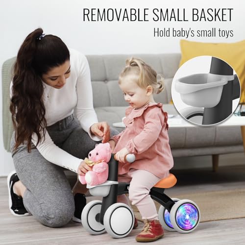 Umatoll Baby Balance Bike Toy for 1 Year Old Boy Girl, First Birthday Gift | 12-24 Months Toddler First Ride on Toys, Colorful Lighting Rear Wheels, Adjustable Seat Baby Walker, Basket