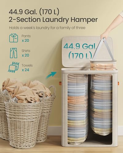 SONGMICS Laundry Basket, 170L Laundry Hamper with Lid, 2 Removable Bags | Easy Assembly Laundry Sorters, with Handles, 22.1 x 15.8 x 29.5 Inches, Cappuccino, BROSI Collection ULCB813L01