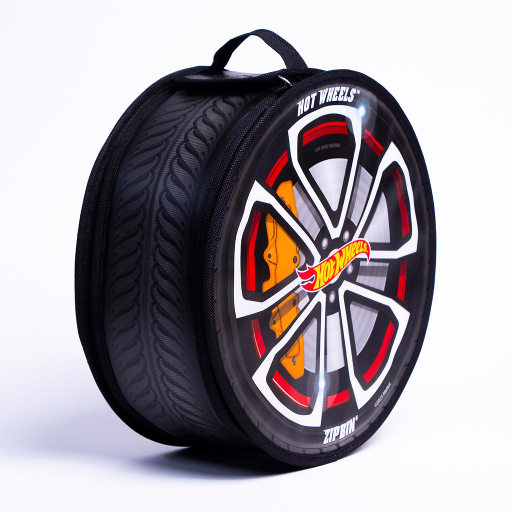Hot Wheels ZipBin Wheelie Track Pack - Portable Toy Car Storage, Ages 3+ | Unzips Into 35.5in Racetrack Play Mat, Holds 100 Cars, Circle Tire Design with Carrying Handles for Travel, Ages 3+