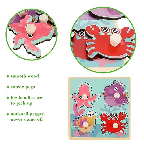Wooden Peg Puzzles for Toddlers 1-3, Kids' Educational Preschool Peg Puzzle Toy, Set of 4 Toddler Puzzles - Farm, Dinosaur, Fruit and Marine Animals, Ideal Gift for Ages 1 2 3 Boys and Girls