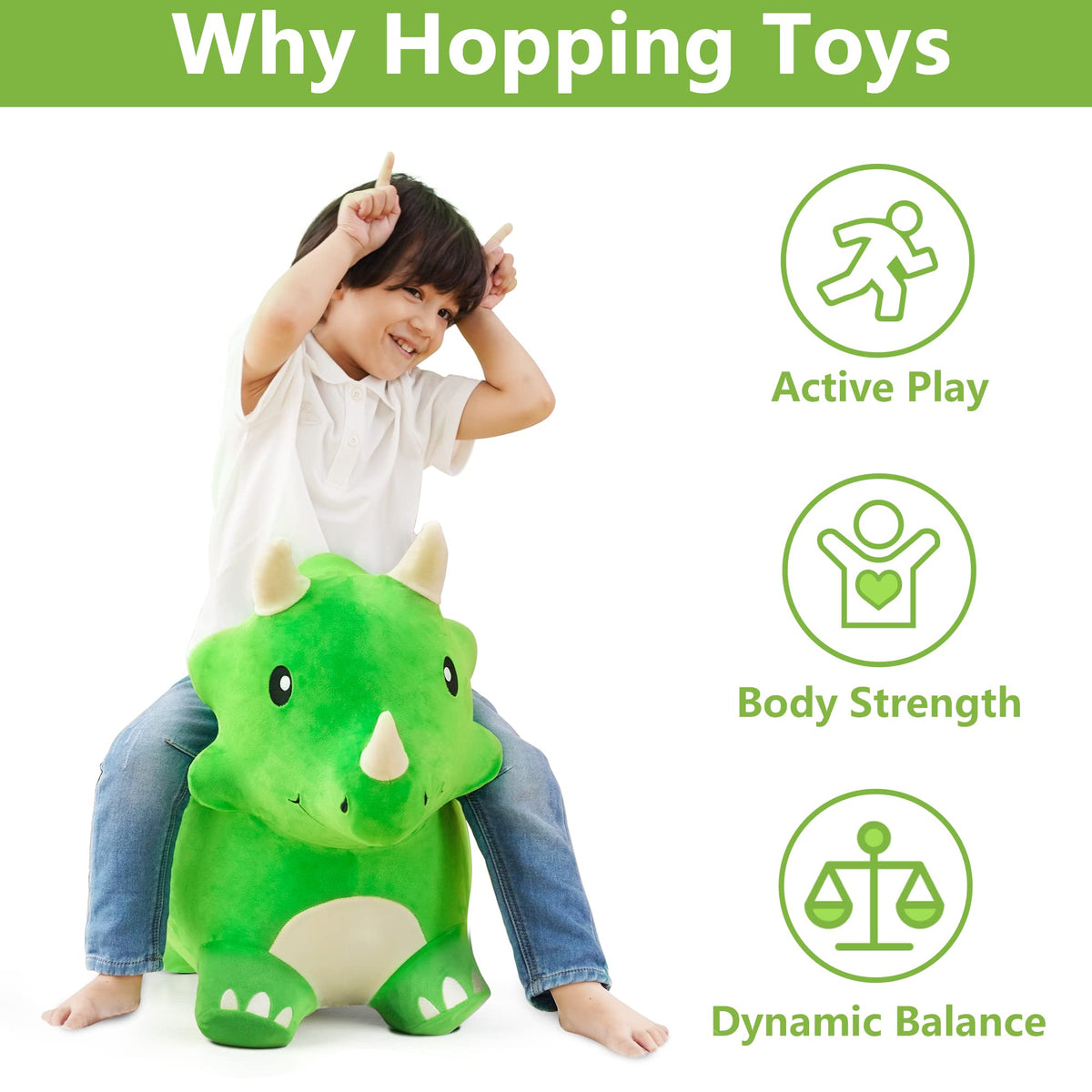 Bouncy Pals Toddler Dinosaur Hopper Toy, Kids Outdoor Ride on Bounce Animal | Outside Inflatable Riding Plush Triceratops Bouncing Horse Hopping Toy, Cool Birthday Gifts Age 2 3 4 5 6 Year Old Boy Girl