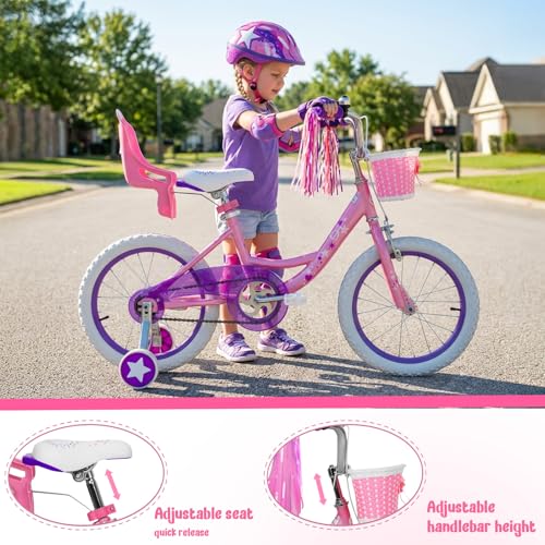 Yventix 14 16 Inch Kids Bike Girls Toddle Bicycle Ages 3-7 Training Wheels | High Carbon Steel Frame, Training Wheels, Basket, Doll Seat, Hand & Coaster Brakes, Chain Guard, Adjustable Seat & Handlebar
