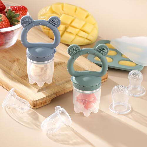 2 Pack Silicone Baby Fruit Feeder with Mini Freezer Tray, Breastmilk Popsicle Molds for Baby Teething Relief, Fresh Food Feeder for Safe Infant Self Feeding, Extra Food Pouches