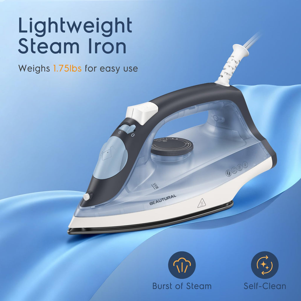 BEAUTURAL Compact Steam Iron for Clothes with Non-Stick Soleplate, Blue | Burst of Steam, Spray Mist, Self-Cleaning, Anti-Calcium, Anti-Drip, Easy Temperature Control, Light Weight, 1200 Watts