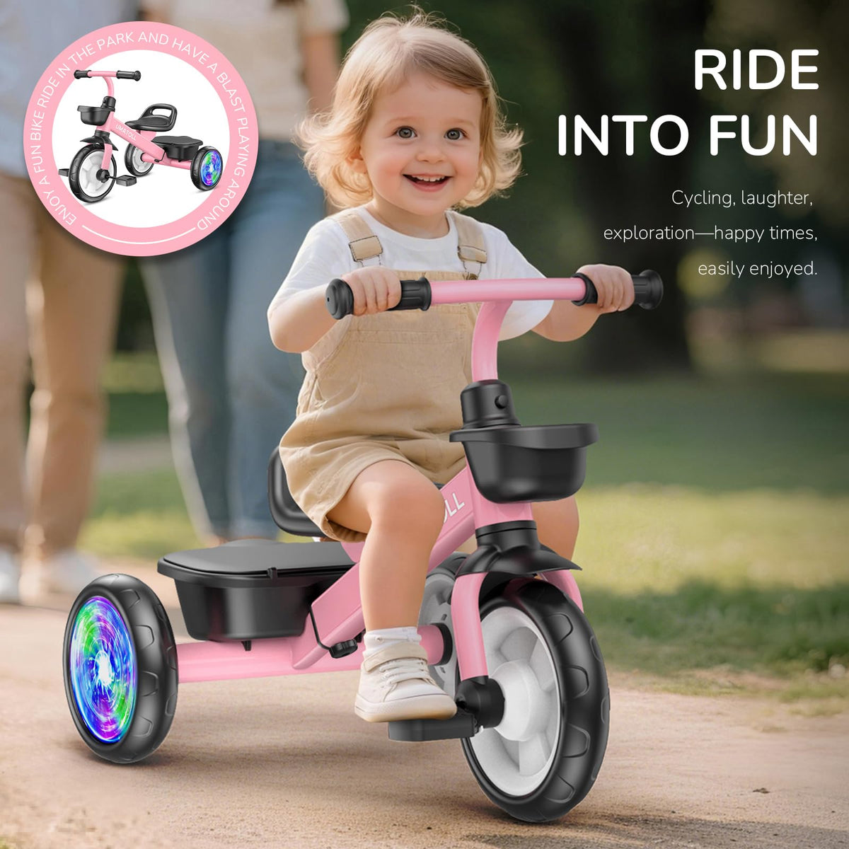 Umatoll Tricycle for 2-5 Year Old, Birthday Gift for Girl Age 2-4 | Adjustable Kids Bike Outdoor Toys, Trike with Light up Wheels