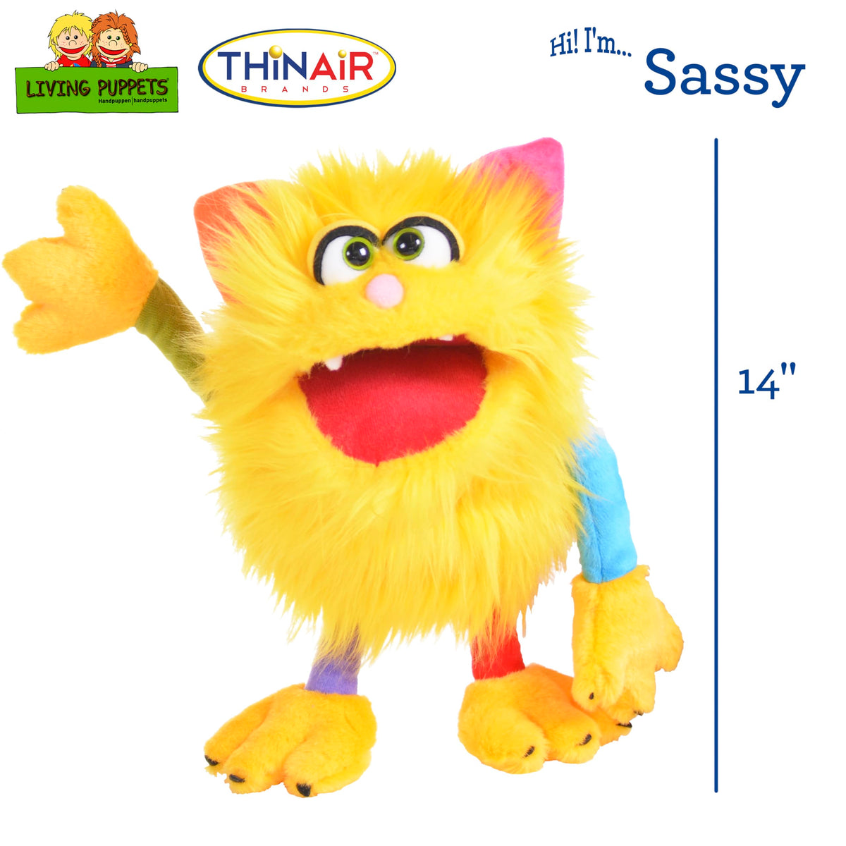 Living Puppets - Sassy the 14-Inch Yellow Friendly Monster, Plush Hand Puppet for Boys and Girls