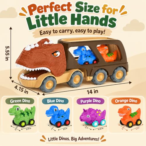 Veslier Dinosaur Car Toy for 2 3 4 5 Years Old Boys, Friction Power Carrier Truck with 4 Pack Small Pull Back Dino Car, Christmas Birthday Gift for 18+ Months Boy Girl Kids Toddlers