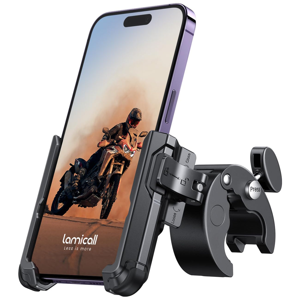 Lamicall Motorcycle Bike Phone Mount, 1s Lock Bike Phone Holder | Camera Friendly Bicycle Phone Clip, Scooter Accessories Gifts for iPhone 18 17 Pro Max, Galaxy S25 Ultra, 4.7-7" Phones