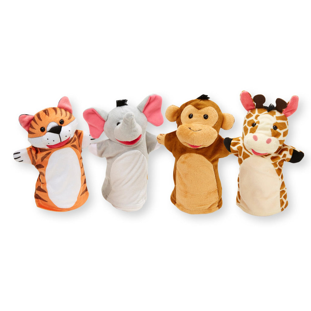 Melissa & Doug Zoo Friends Soft Plush Hand Puppets 4-Piece Glove Set | 4 Plush Hand Puppets, Elephant, Giraffe, Tiger, Monkey, Washable Puppet Gloves, Pretend Play, Toddler Toys for Kids, Ages 2+