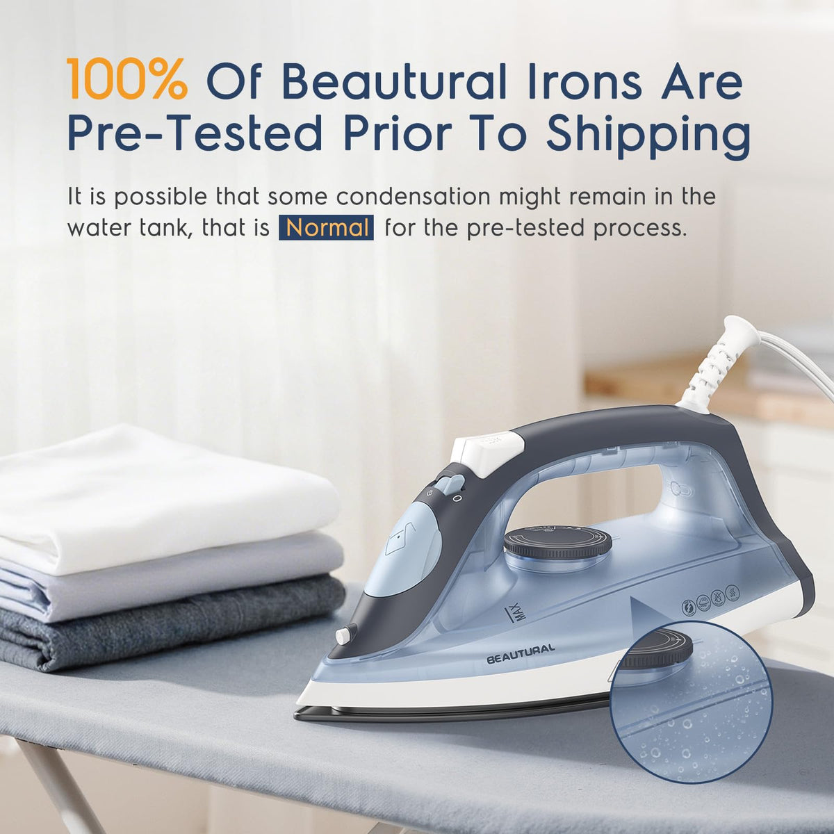 BEAUTURAL Compact Steam Iron for Clothes with Non-Stick Soleplate, Blue | Burst of Steam, Spray Mist, Self-Cleaning, Anti-Calcium, Anti-Drip, Easy Temperature Control, Light Weight, 1200 Watts