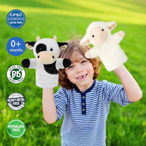 JUSTQUNSEEN Sheep Hand Puppets Lamb Plush Toy Stuffed Animal Soft Fuzzy for Baby Story Time Safe Washable Stuffed Adult Hands Fit Interactive Play