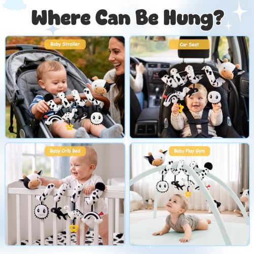 Spiral Car Seat Baby Toys 0-6 Months, Infant Carseat High Contrast Sensory Toys Hanging Stroller Accessories, Newborn Shower Gifts for Baby Boys Essentials Stuff, Cute Black and White Cow