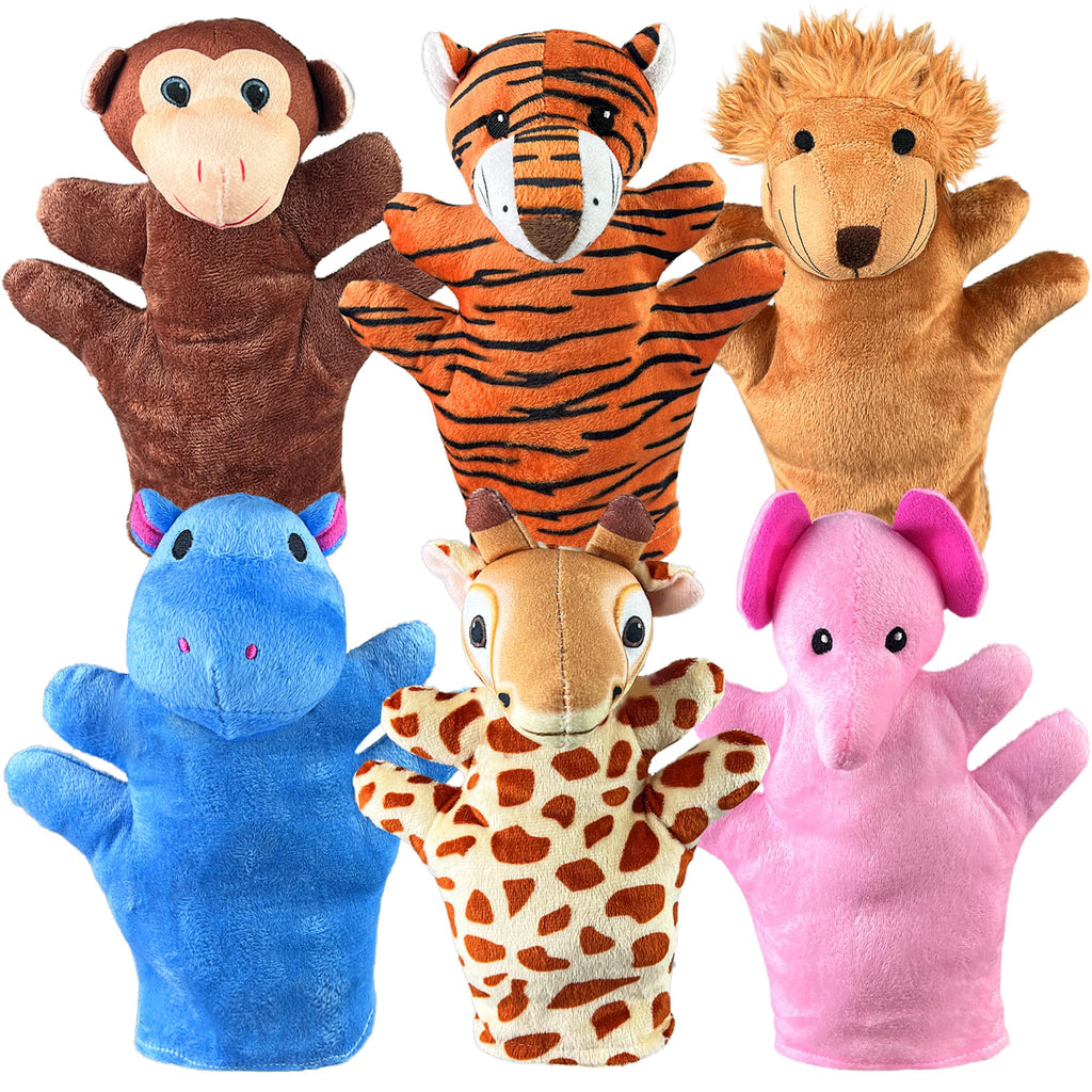6 PCS Hand Puppets Set Animal Plush Puppet | Storytelling Teaching Toys for Kids Classroom Shows Birthday Party Favor Supplies Elephant Tiger Giraffe Monkey Lion Hippo