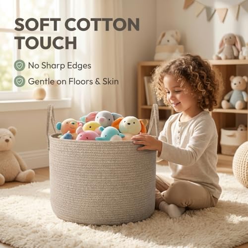 JMvicyroam 65L Extra Large Machine Washable Cotton Rope Blanket Basket | Collapsible Laundry Hamper, Reinforced Handles, For Blankets, Pillows, Toys and Clothes, Living Room and Bedroom, Oatmeal