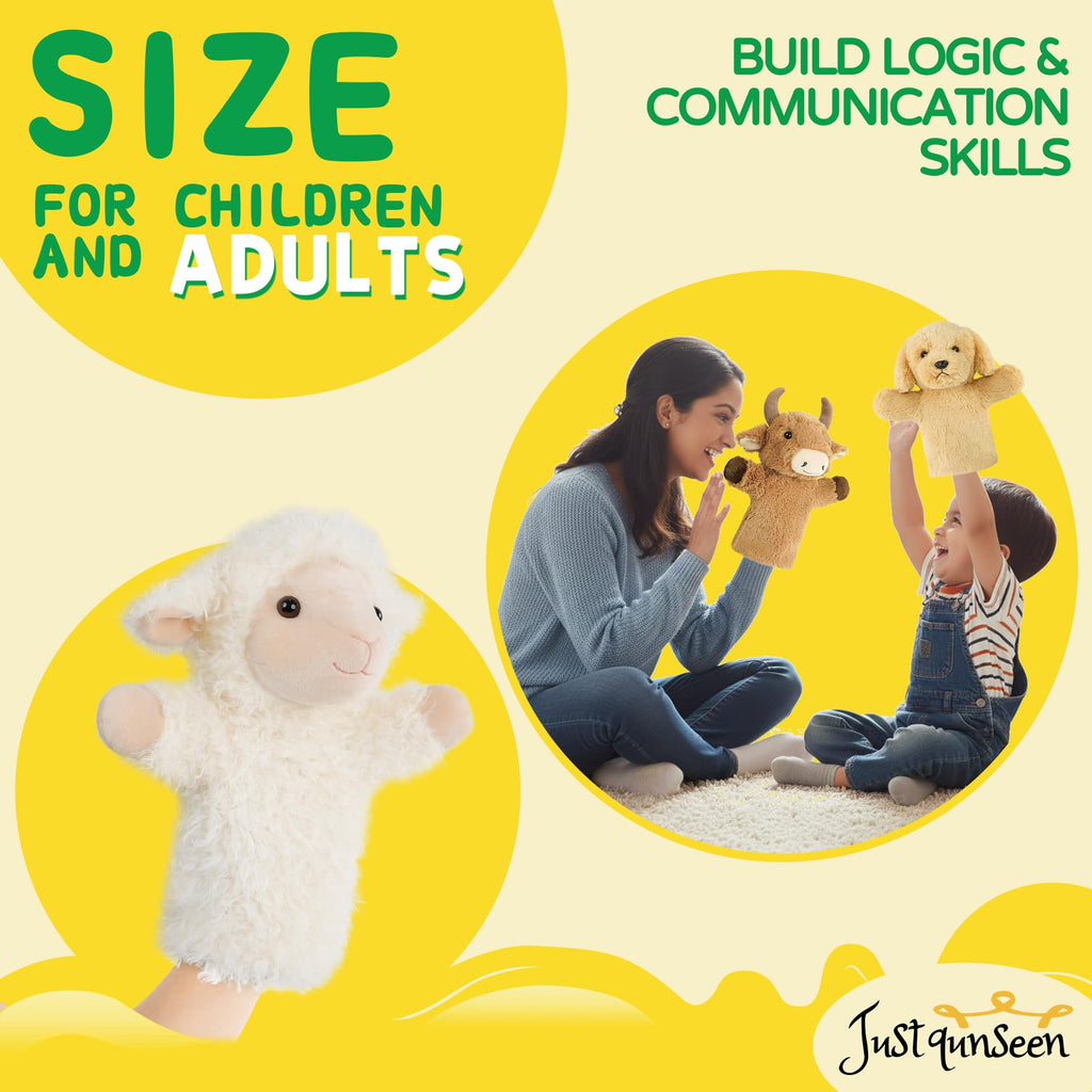 JUSTQUNSEEN Sheep Hand Puppets Lamb Plush Toy Stuffed Animal Soft Fuzzy for Baby Story Time Safe Washable Stuffed Adult Hands Fit Interactive Play