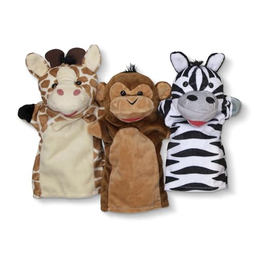 Melissa & Doug Safari Buddies Plush Hand Puppets 6-Piece Pretend Play Set | 6 Plush Safari Animal Hand Puppets, Elephant, Tiger, Parrot, Giraffe, Monkey, Zebra, Washable, Toddler Toys for kids, Ages 2+