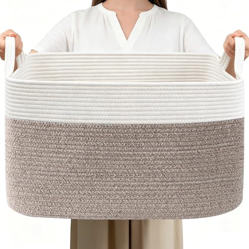 HZFTJOY 65L Laundry Basket with Handles, Woven Blanket Basket, White/Brown | 21"×16"×12" Collapsible Cotton Rope Storage Basket for Toys Clothes & Pillows, Nursery, Bathroom, Bedroom, Living Room