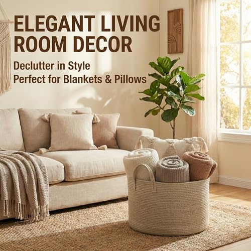 JMvicyroam 65L Extra Large Machine Washable Cotton Rope Blanket Basket | Collapsible Laundry Hamper, Reinforced Handles, For Blankets, Pillows, Toys and Clothes, Living Room and Bedroom, Oatmeal