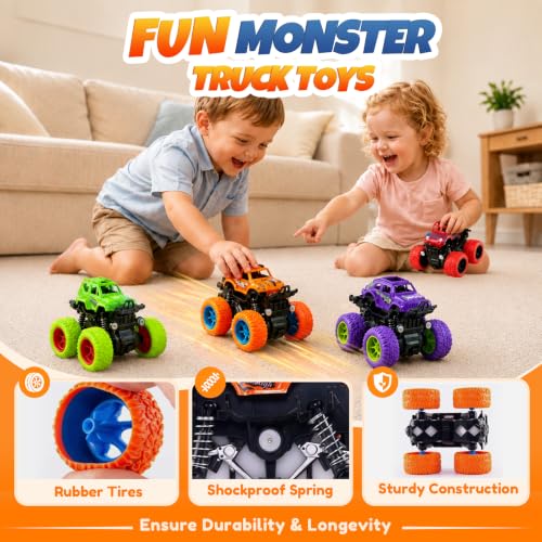 ANAOER 4 Pack Monster Trucks Toys for Boys 2 3 4 5 6 7 Year Old, Friction Powered Pull Back Car Toys for Toddlers Kids Ages 3-5 2-4 4-7, Best Birthday Christmas Party Gift for Boys and Toddlers