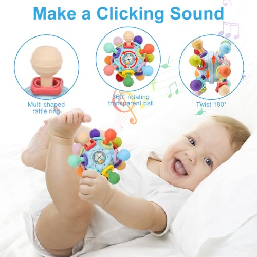 Baby Montessori Sensory Teething Toy 0-6 6-12 Months, Teether Ball & Rattle | 12 Textured Silicone Teething Ball, BPA Free, Easy to Hold, Infant Developmental Toys for 3 6 9 12 Months, Newborn Gifts