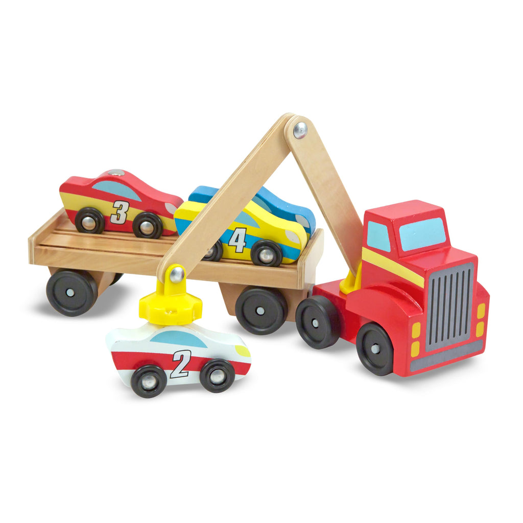 Melissa & Doug Magnetic Car Loader Wooden Toy Set with 4 Toy Cars | 6 Pieces, Wooden Truck, Detachable Trailer, Magnetic Crane, 4 Numbered Cars, Vehicle Sorting Play, Preschool Toys, Ages 3+