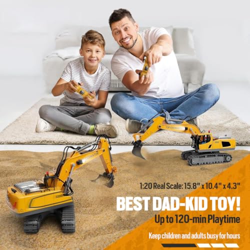 KIDMARKT Remote Control Excavator Toy for Boys, 11-Channel RC Construction Truck with Metal Parts, Lights & Dual Batteries, 120 Minutes Playtime, Rechargeable Digger Toy for Kids Ages 3-12, STEM Gift