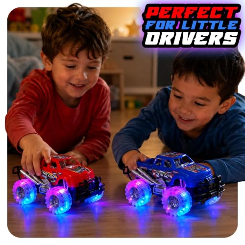 ArtCreativity Light Up Monster Truck Toys for Toddler Boys, Toy Cars Gift | Push and Go Friction Powered Cars, 2-Pack, Toddler Boys Age 2-4, Kids Ages 4-8, Birthday Gift, Batteries Included