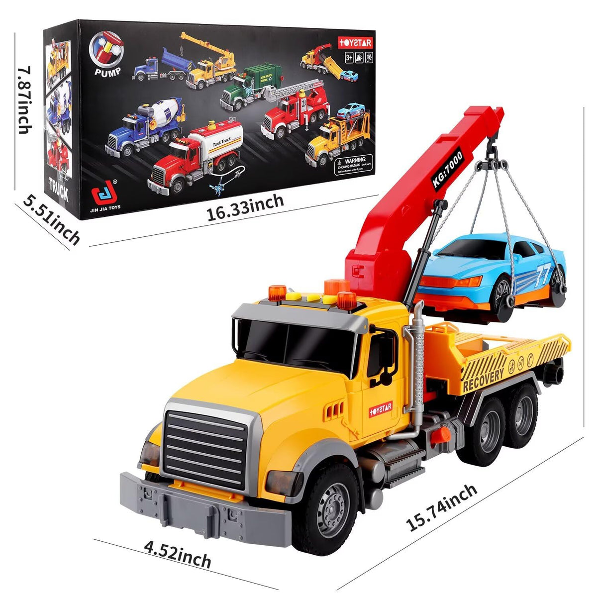 Dwi Dowellin Kids Toys for 3 4 5 6 7 Years Old Boys, 15" Large Tow Truck Toy,Friction Powered Transport Truck Crane Toy with Lights and Sounds,with Roadster,Boys Gifts