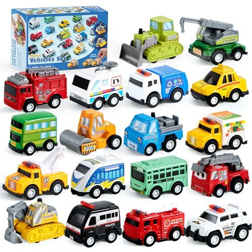 JOYIN 18 Pcs Pull Back City Cars and Trucks Toy Vehicles Set, Friction Powered Mini Cars Toys for Kids, Party Favors for Kids 3-5, Birthday Gifts for Boys and Girls, Goodie Bag Stuffers