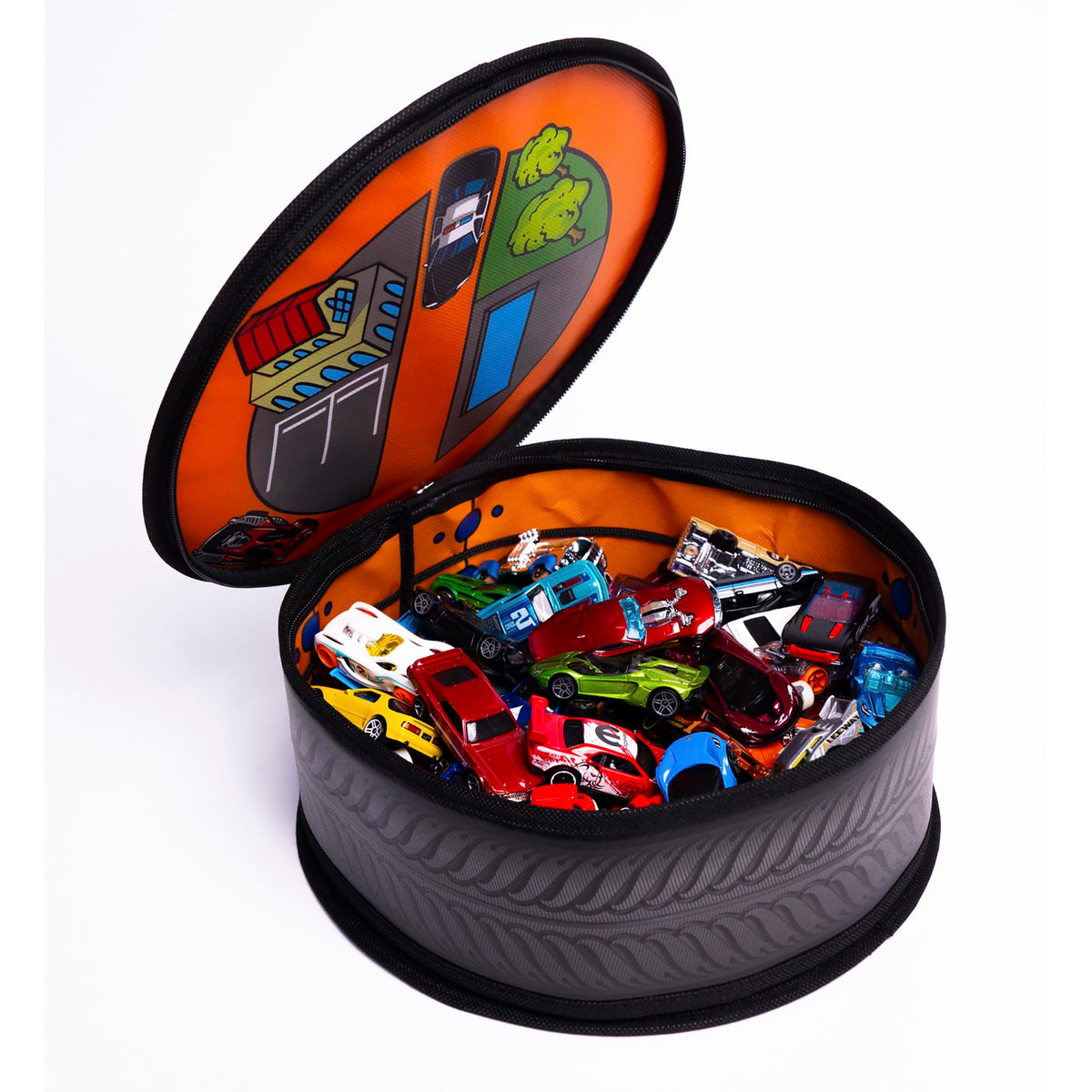 Hot Wheels ZipBin Wheelie Track Pack - Portable Toy Car Storage, Ages 3+ | Unzips Into 35.5in Racetrack Play Mat, Holds 100 Cars, Circle Tire Design with Carrying Handles for Travel, Ages 3+