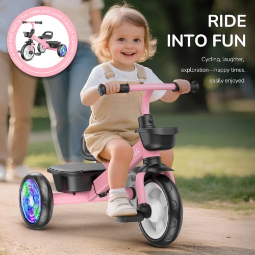 Umatoll Tricycle for 2-5 Year Old, Birthday Gift for Girl Age 2-4 | Adjustable Kids Bike Outdoor Toys, Trike with Light up Wheels