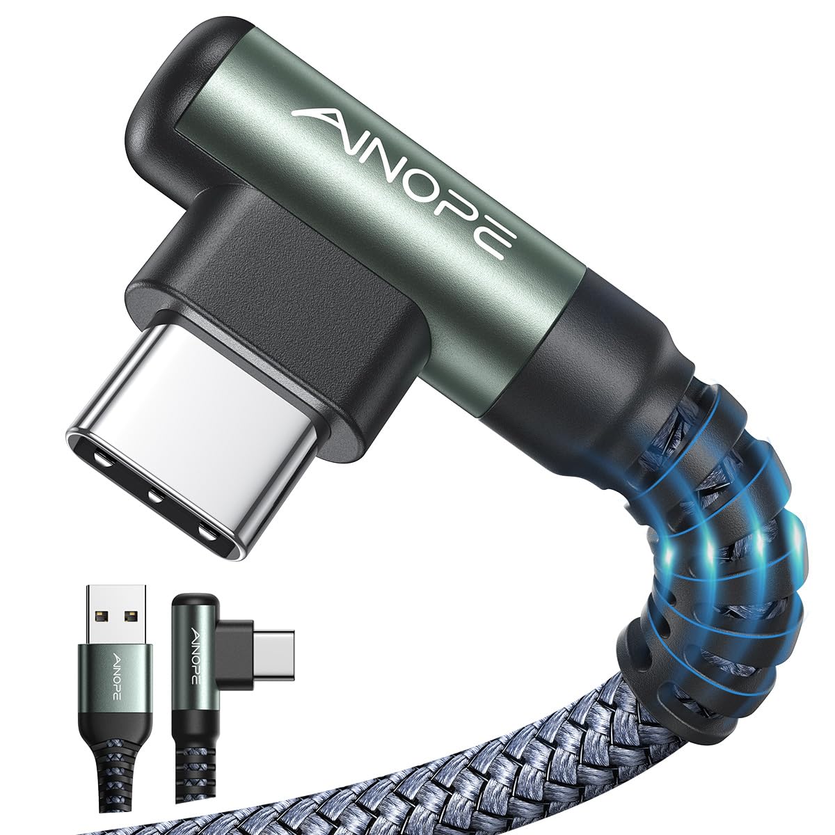 AINOPE USB A to USB C Cable 6.6FT 2 Pack Type C Charger Fast Charging Cord | Right Angle Nylon 3.1A Fast Charging Carplay 480Mbps Data Sync Cord for iPhone 18 Pro/ 18 Pro Max Duo 17 Galaxy S10 LG iPad