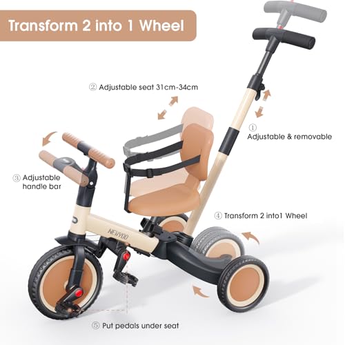 newyoo TR007 5-in-1 Tricycle for Toddlers 1-3, Toddler Bike, Birthday Gift | Toddler Trike with Push Handle Lets Parents Steer and Converts to Balance Bike, Fun Outdoor Toy for Boys and Girls, Khaki