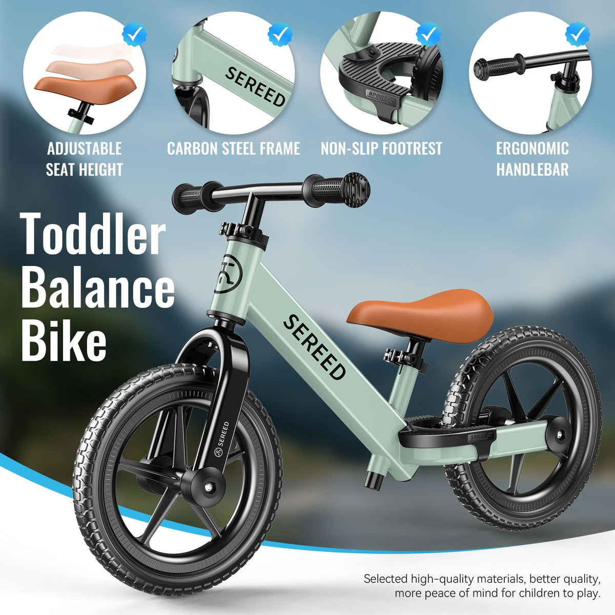 SEREED Toddler Balance Bike 2 Year Old Adjustable Bike Toy for 2-5 Boy Girl | No Pedal Toddler Bike, Kids Training Bike with Customize Plate & 3pcs Stickers, Birthday Gift for 2-3 Boys Girls (Mint Green)