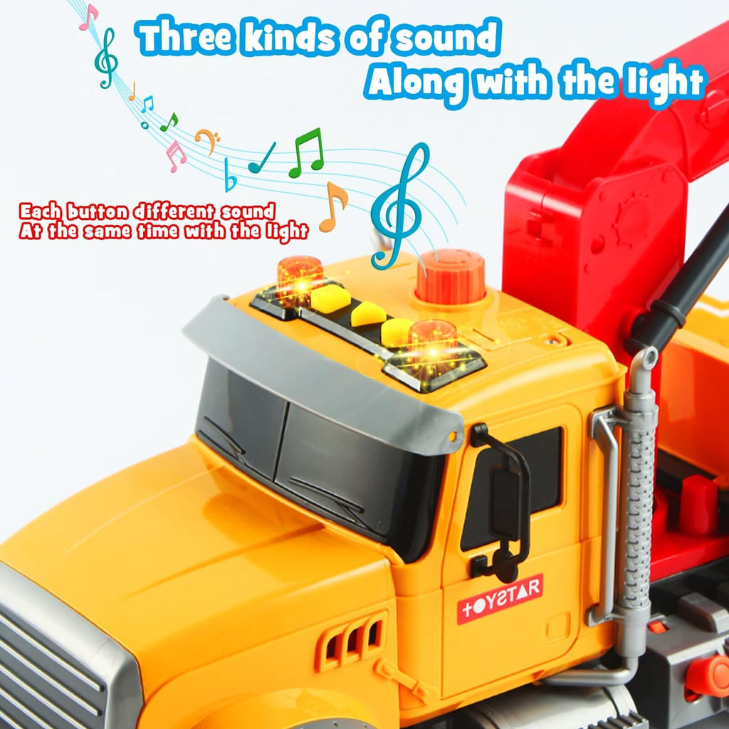 Dwi Dowellin Kids Toys for 3 4 5 6 7 Years Old Boys, 15" Large Tow Truck Toy,Friction Powered Transport Truck Crane Toy with Lights and Sounds,with Roadster,Boys Gifts