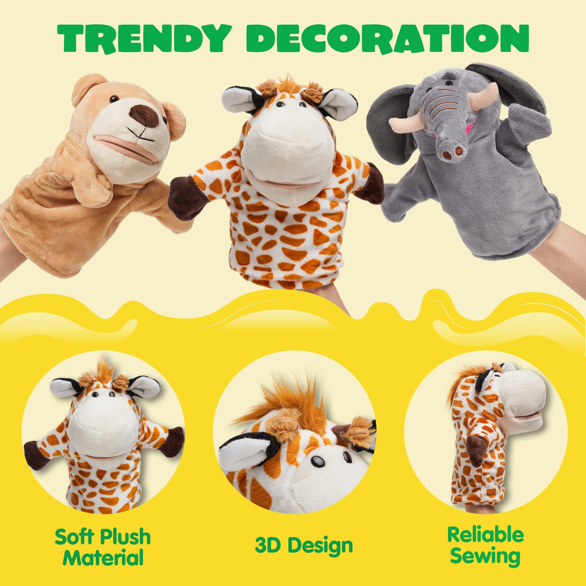 JOYIN 6Pcs Kids Hand Puppet Set with Working Mouth, Plush Toy Includes Elephant, Giraffe, Lion, Bear, Raccoon and Monkey for Show Theater, Stuffed Animals, Kids Toys for Girls & Boys