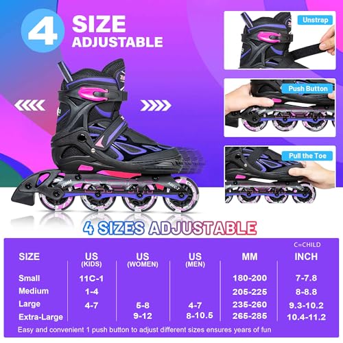 2PM SPORTS Adjustable Inline Skates for Kids, Youth and Adults | Reinforced aluminum frame; lateral support; beginner friendly; triple closure; light-up wheels; 2 non-woven bags