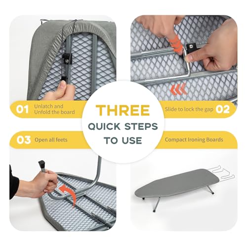 RAINHOL Gray Mini Tabletop Ironing Board 31"x12" | Metal Foldable with Iron Rest, Heat Resistant Cover for Travel Small Space