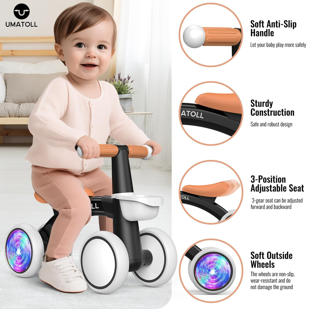 Umatoll Baby Balance Bike Toy for 1 Year Old Boy Girl, First Birthday Gift | 12-24 Months Toddler First Ride on Toys, Colorful Lighting Rear Wheels, Adjustable Seat Baby Walker, Basket