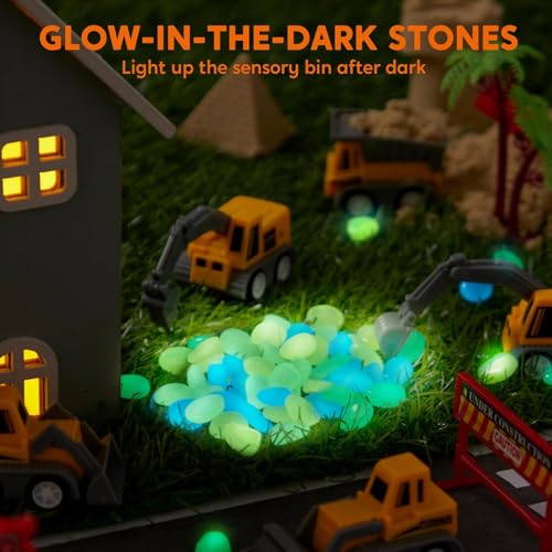 Klever Kits JOVA Construction Sensory Bin for Kids with Glow in The Dark Stones, Sandbox with Lid Castle Building kit, Preschool Learning Activities Gifts for Boys Girls Age 3+