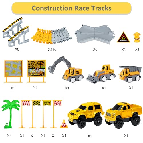 Kids Toys 253 PCS Construction Race Tracks, Create A Engineering Road Game | 5 PCS Construction Truck Cars, DIY Flexible Track Play Set, Birthday Xmas Gifts Toy for 3 4 5 6 7 8 Year Old Boys Girls