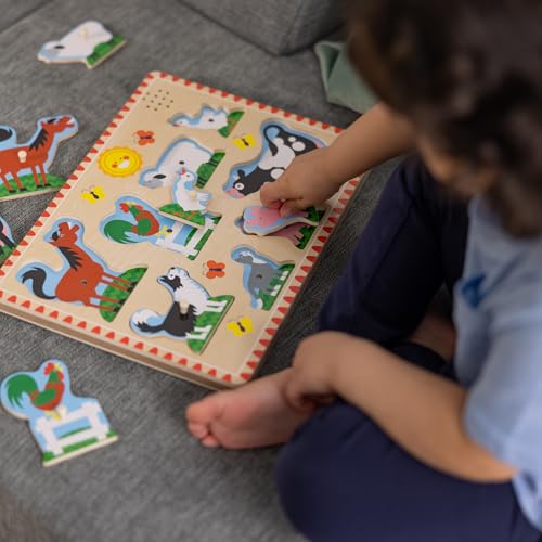 Melissa & Doug Farm Animals Wooden Sound Peg Puzzle 8-Piece Set | 8 Peg Pieces, Wooden Board, Light-Activated Sounds, Builds Matching & Motor Skills, Montessori Inspired Toddler Toys, Ages 2+