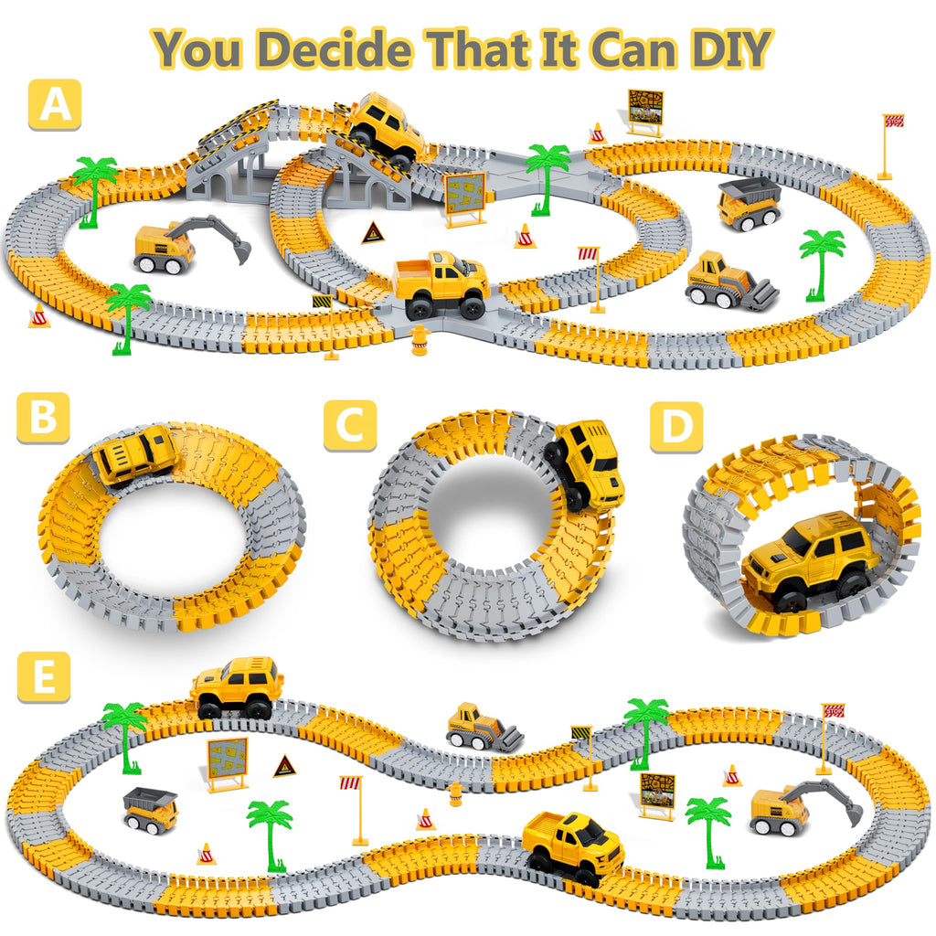 Kids Toys 253 PCS Construction Race Tracks, Create A Engineering Road Game | 5 PCS Construction Truck Cars, DIY Flexible Track Play Set, Birthday Xmas Gifts Toy for 3 4 5 6 7 8 Year Old Boys Girls