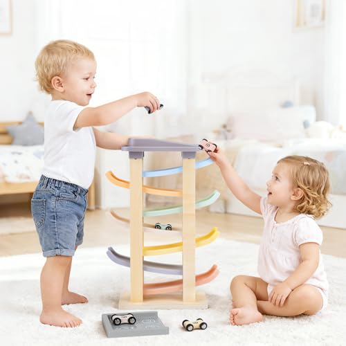 Joyreal Montessori Toddler Toys for 1 2 3 Year Old Wooden Car Ramp Toys | 7 Level Ramp Racer, 8 Mini Cars & 2 Garages, Toy Vehicle Set for Boys and Girls, Christmas Birthday Gifts for 1-2 Year Old