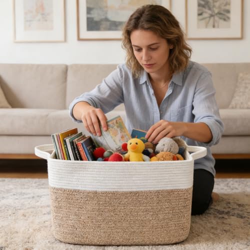 HZFTJOY 65L Laundry Basket with Handles, Woven Blanket Basket, White/Brown | 21"×16"×12" Collapsible Cotton Rope Storage Basket for Toys Clothes & Pillows, Nursery, Bathroom, Bedroom, Living Room