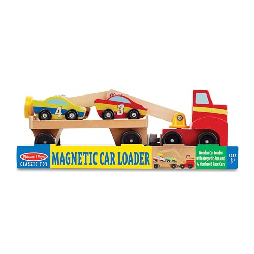 Melissa & Doug Magnetic Car Loader Wooden Toy Set with 4 Toy Cars | 6 Pieces, Wooden Truck, Detachable Trailer, Magnetic Crane, 4 Numbered Cars, Vehicle Sorting Play, Preschool Toys, Ages 3+