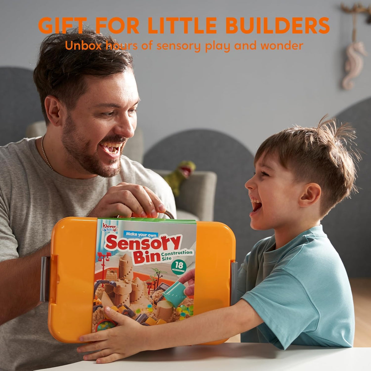 Klever Kits JOVA Construction Sensory Bin for Kids with Glow in The Dark Stones, Sandbox with Lid Castle Building kit, Preschool Learning Activities Gifts for Boys Girls Age 3+