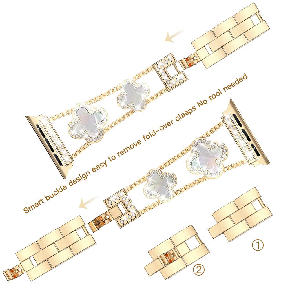 Musk-MSKR Diamond Metal Bands Add Sparkle to Your Watch For Apple Watch Series 11/10/9/8/7/6/5/4/3/2/SE/Ultra Clover Simple and Stylish Compatible with 38mm40mm41mm42mm44mm45mm 46mm49mm Women's Wear