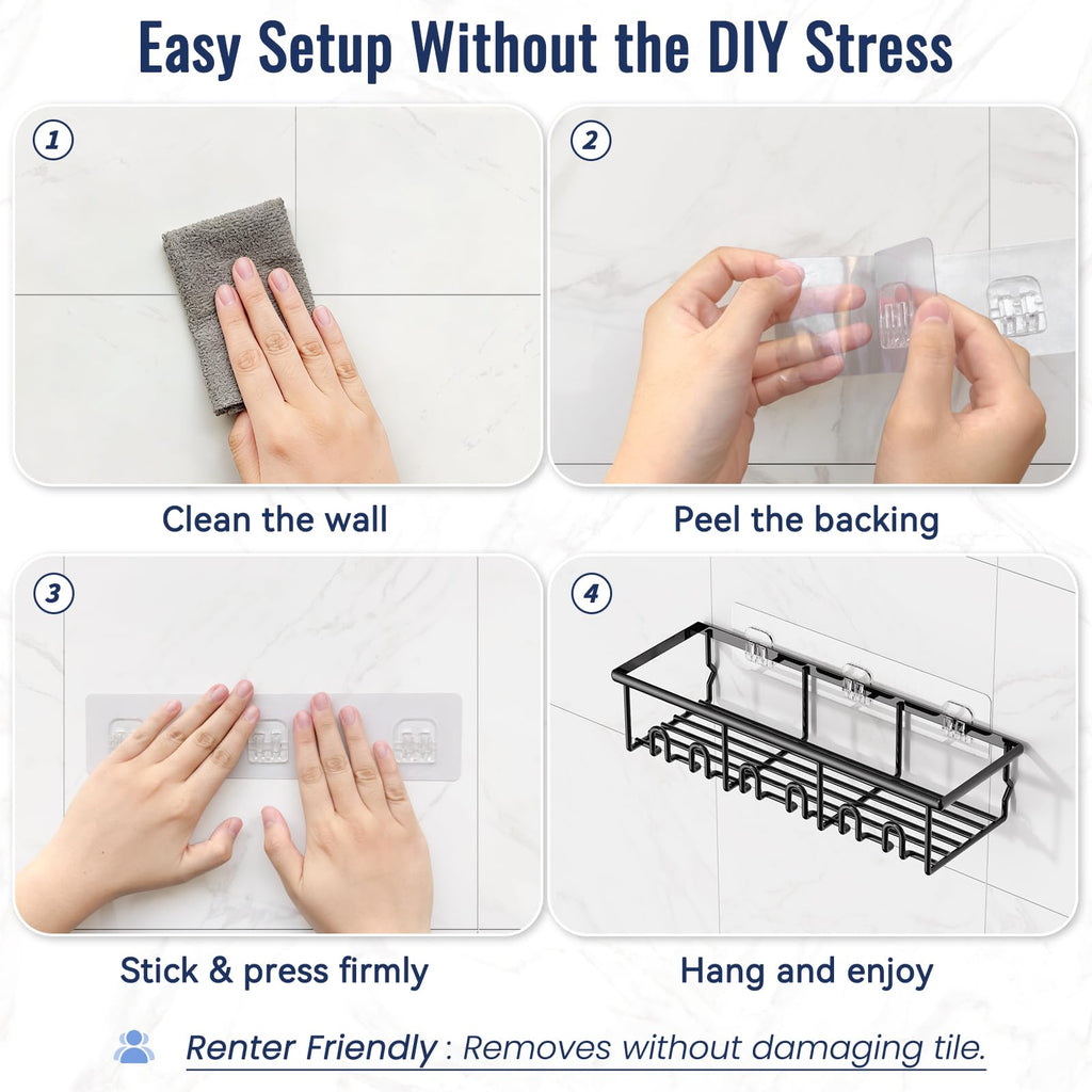 5 Pack Adhesive Bathroom Holders & Dispensers for Kids & Adults, Black | Large Capacity No-Drilling Rustproof Shower Caddy Shelves Rack with Soap Dishes, Toothbrush Holder & Hooks