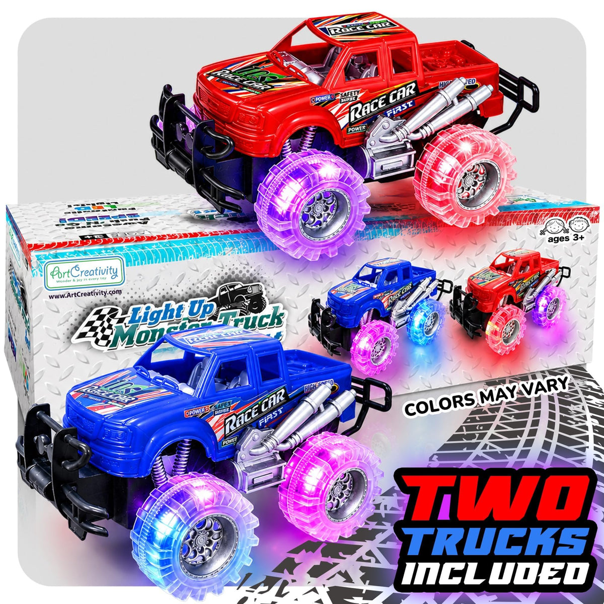 ArtCreativity Light Up Monster Truck Toys for Toddler Boys, Toy Cars Gift | Push and Go Friction Powered Cars, 2-Pack, Toddler Boys Age 2-4, Kids Ages 4-8, Birthday Gift, Batteries Included